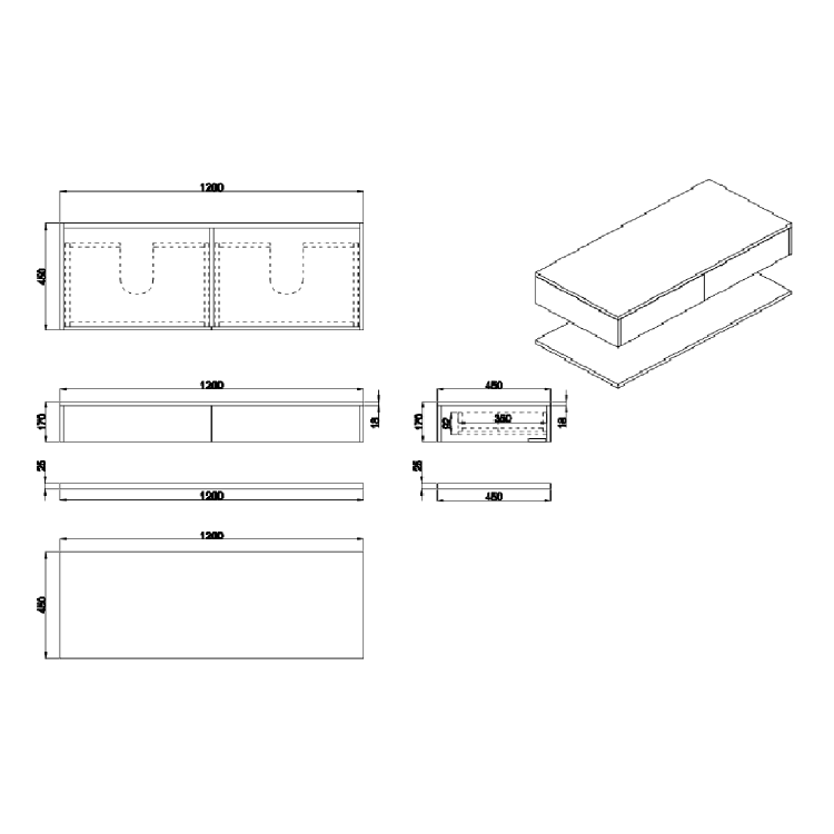 1200mm Black Wall Hung Double Countertop Vanity Unit with Square Basins and Shelves - Lugo