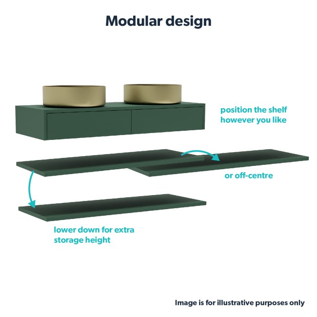 1200mm Green Wall Hung Double Countertop Vanity Unit with Brass Basins and Shelves - Lugo