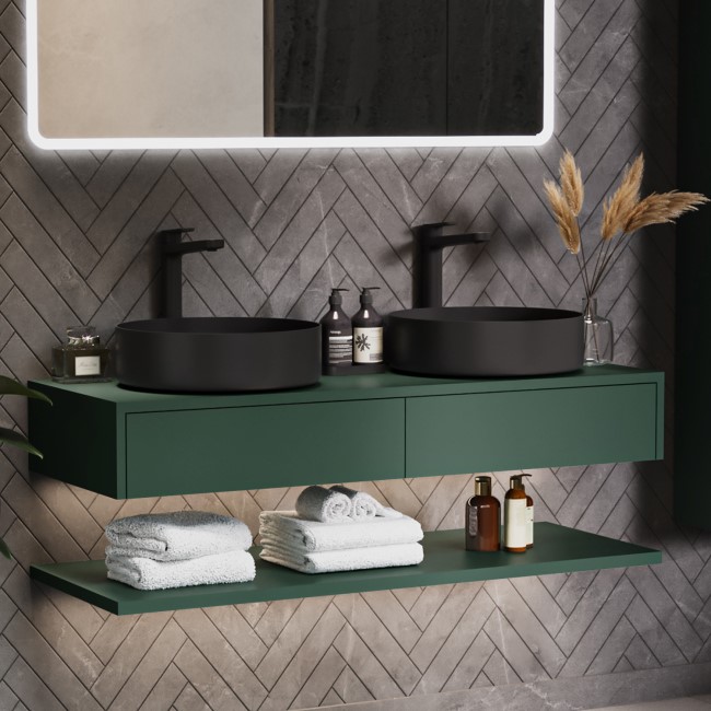 1200mm Green Wall Hung Double Countertop Vanity Unit with Black Basins and Shelf - Lugo