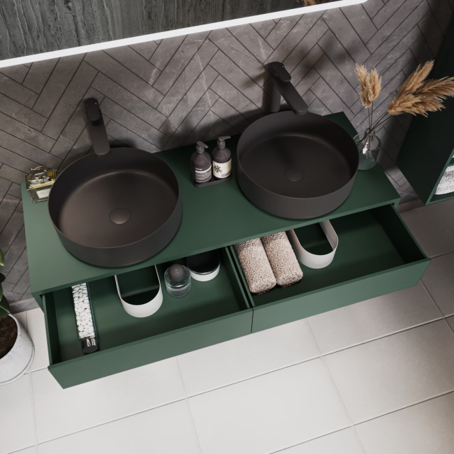 1200mm Green Wall Hung Double Countertop Vanity Unit with Black Basins and Shelf - Lugo