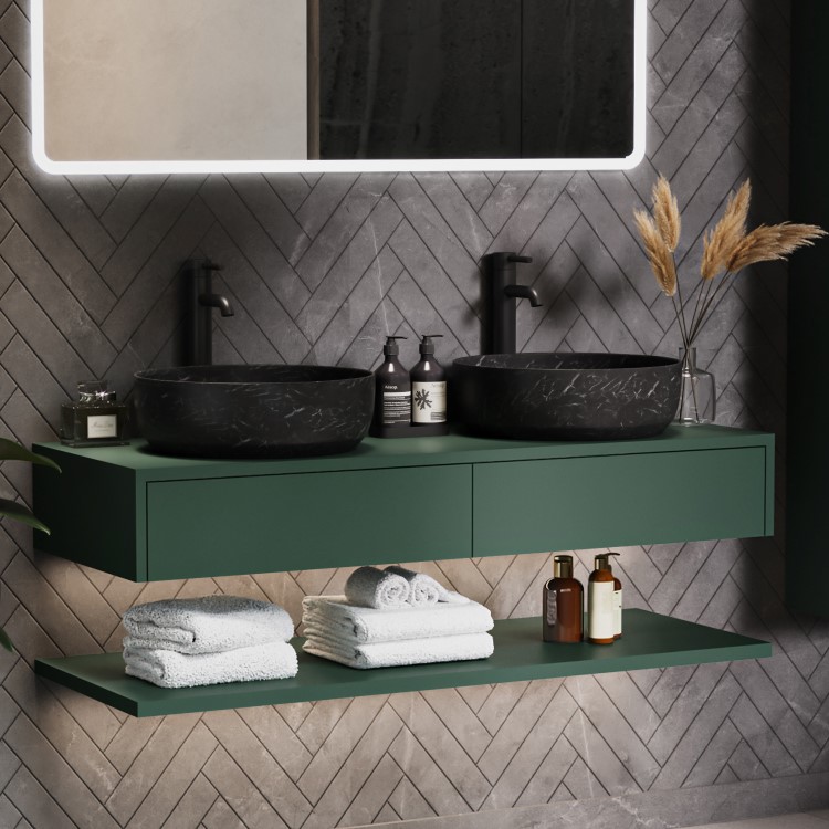 1200mm Green Wall Hung Double Countertop Vanity Unit with Black Marble Effect Basins and Shelves - Lugo