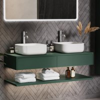 Grade A1 - 1200mm Green Wall Hung Double Countertop Vanity Unit with Square Basins and Shelves - Lugo