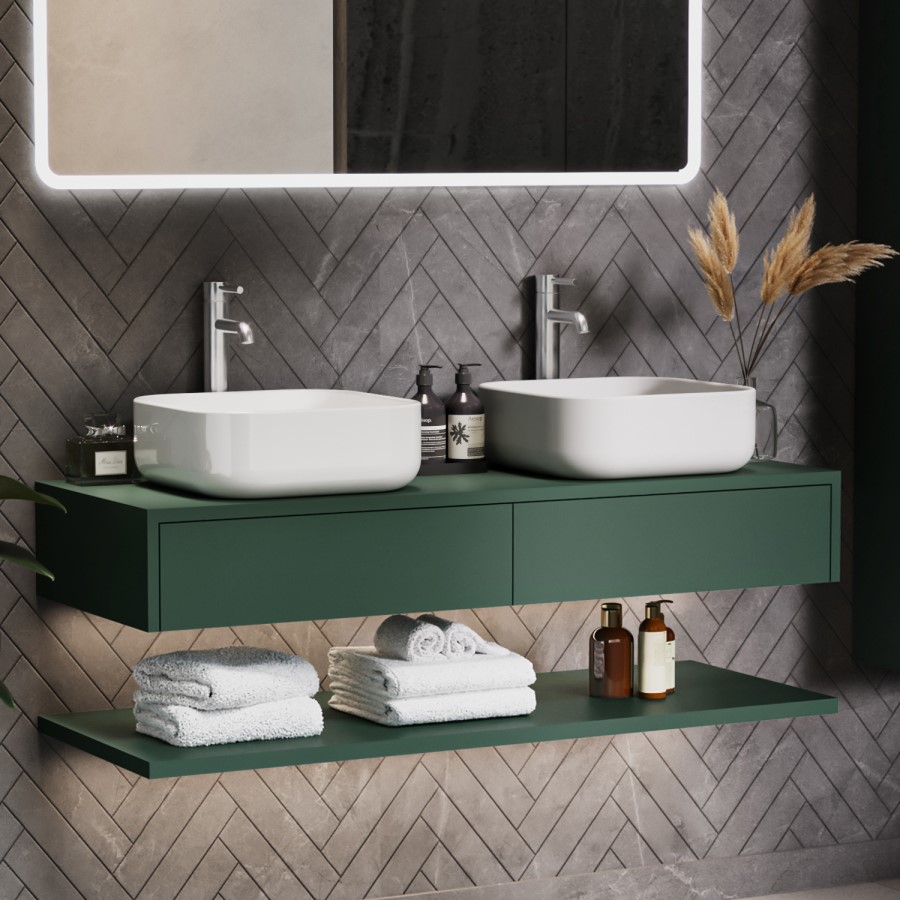 Grade A1 - 1200mm Green Wall Hung Double Countertop Vanity Unit with Square Basins and Shelves - Lugo
