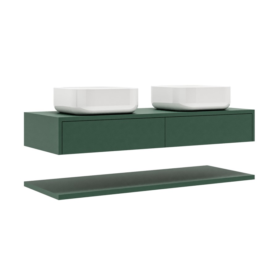 Grade A1 - 1200mm Green Wall Hung Double Countertop Vanity Unit with Square Basins and Shelves - Lugo