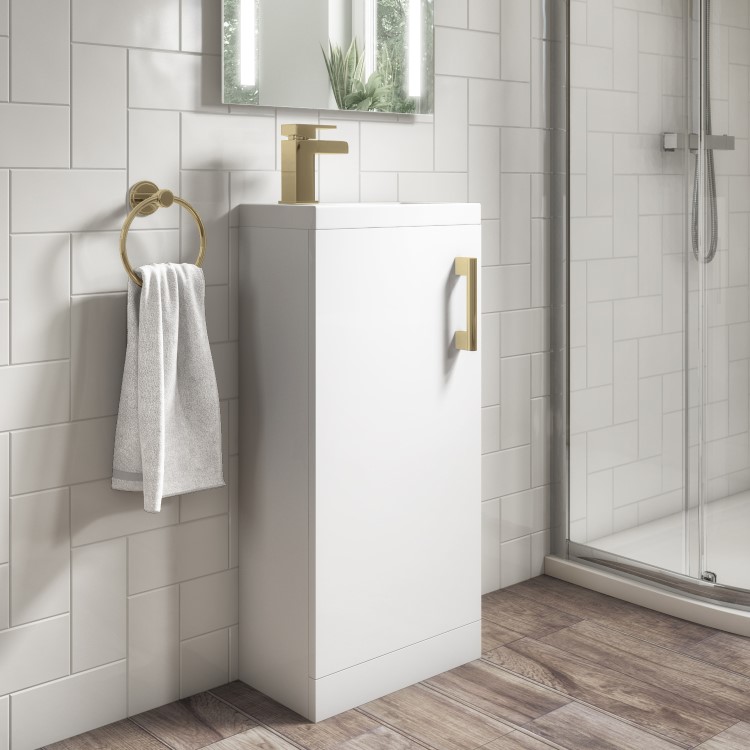 Grade A1 - 400mm White Cloakroom Floorstanding Vanity Unit with Basin and Brushed Brass Handle - Ashford