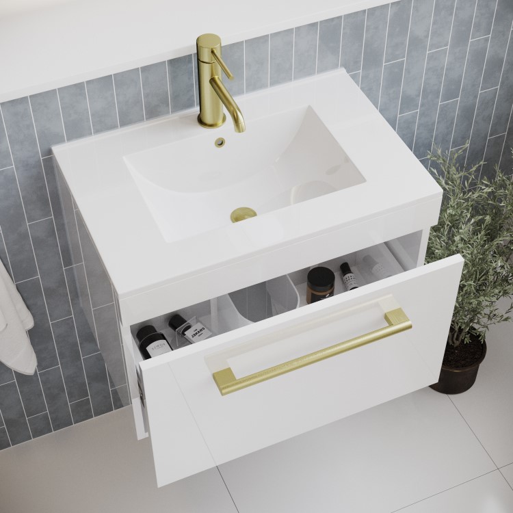 600 mm White Wall Hung Vanity Unit with Basin and Brass Handle - Ashford