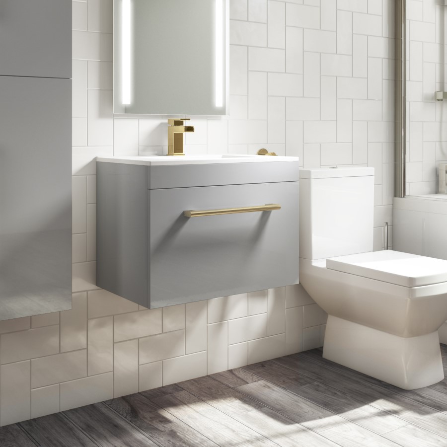 600 mm Grey Wall Hung Vanity Unit with Basin and Brass Handle - Ashford