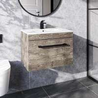600mm Wood Effect Wall Hung Vanity Unit with Basin and Black Handle - Ashford