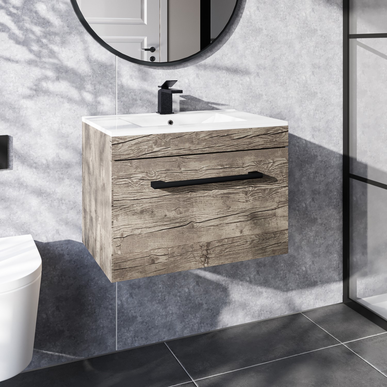 600mm Wood Effect Wall Hung Vanity Unit with Basin and Black Handle