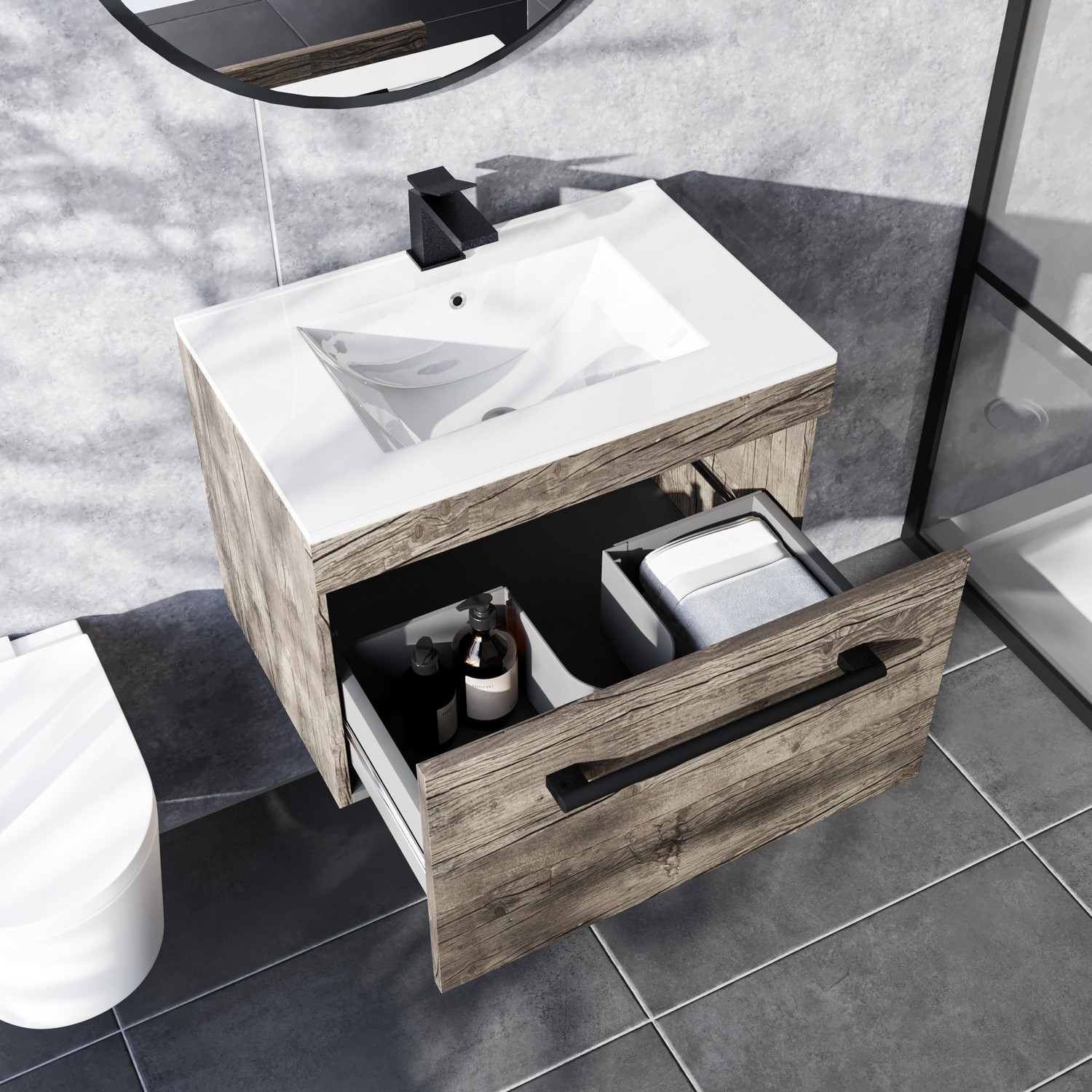 600mm Wood Effect Wall Hung Vanity Unit with Basin and Black Handle