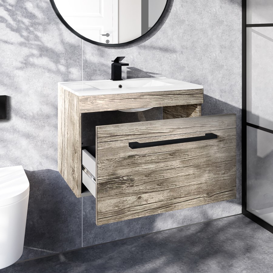 600mm Wood Effect Wall Hung Vanity Unit with Basin and Black Handle - Ashford