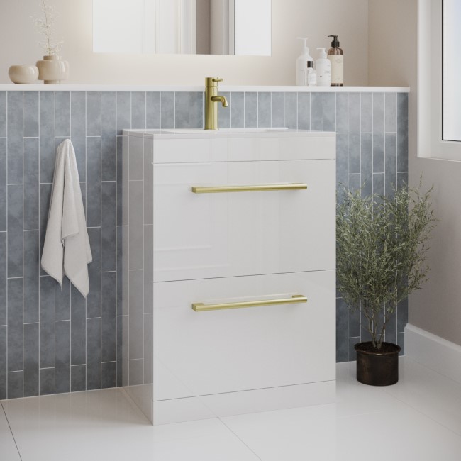 600mm White Freestanding Vanity Unit with Basin and Brushed Handle - Ashford