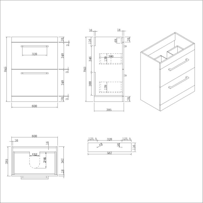 600mm Grey Freestanding Drawer Vanity Unit with Basin and Black Handle - Ashford