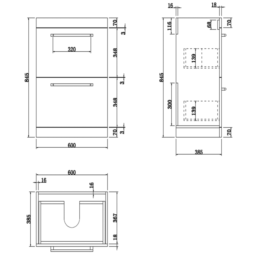 600mm Wood Effect Floorstanding Vanity Unit with Basin and Brushed Brass Handle - Ashford