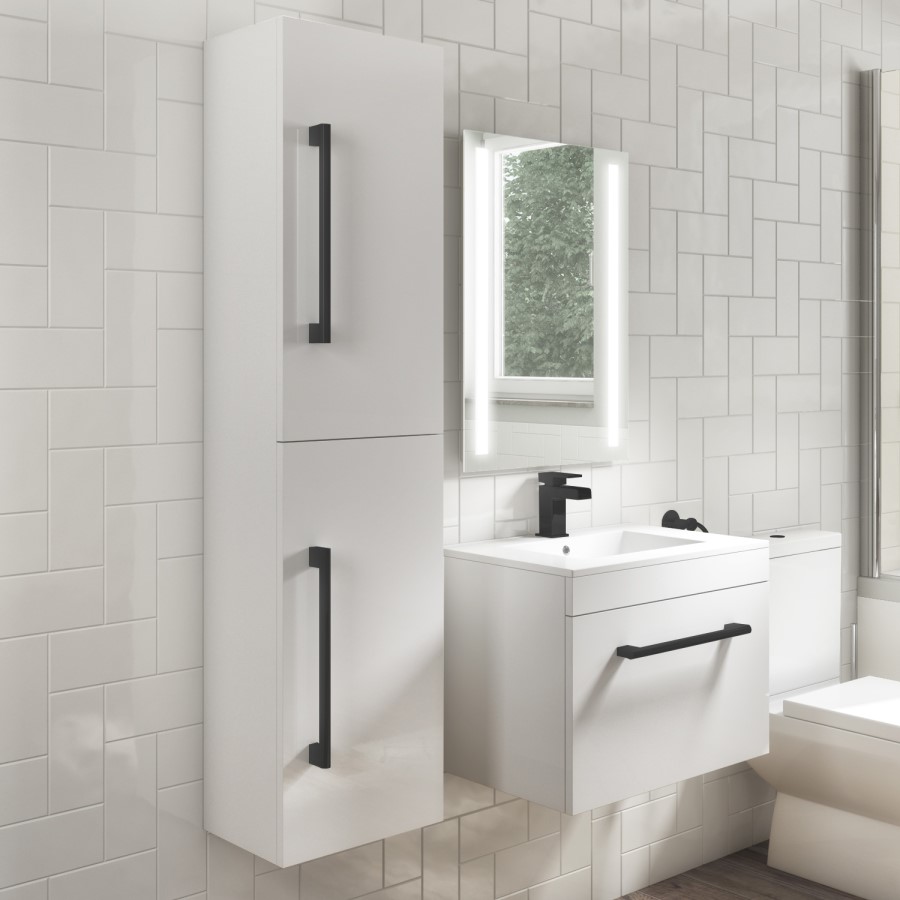Grade A1 - 350mm White Wall Hung Tall Bathroom Cabinet with Black Handles - Ashford