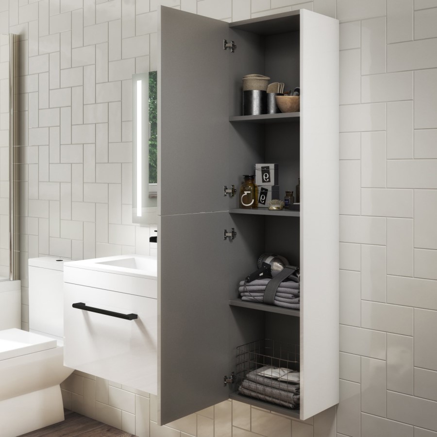 Grade A1 - 350mm White Wall Hung Tall Bathroom Cabinet with Black Handles - Ashford