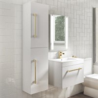 Double Door White Wall Hung Tall Bathroom Cabinet with Brushed Brass Handles 350 x 1400mm - Ashford