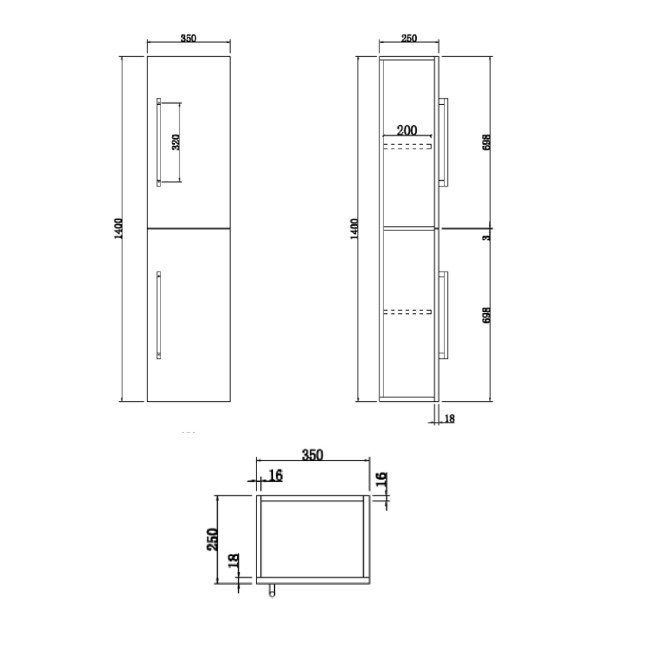 Grade A2 - Double Door White Wall Hung Tall Bathroom Cabinet with Brushed Brass Handles 350 x 1400mm - Ashford