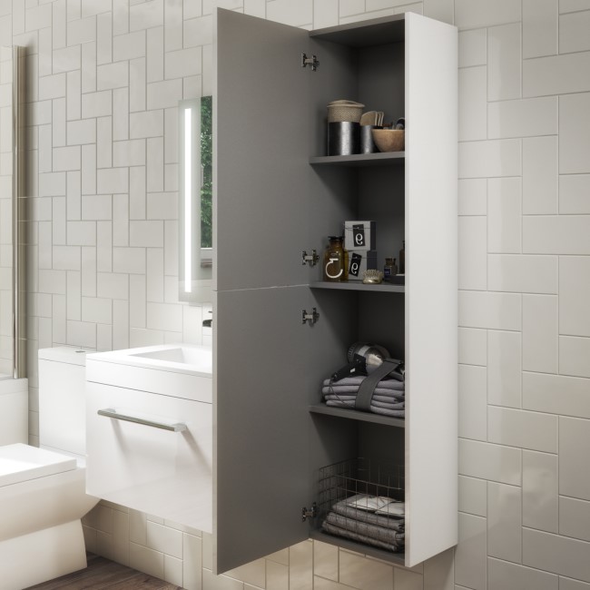 Grade A1 - Double Door White Wall Hung Tall Bathroom Cabinet with Chrome Handles 350 x 1400mm- Ashford