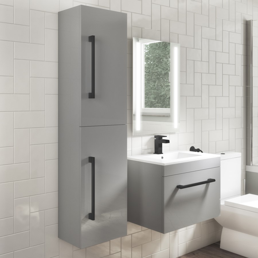 Grade A1 - 350mm Grey Wall Hung Tall Bathroom Cabinet with Black Handles - Ashford