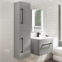Grade A1 - 350mm Grey Wall Hung Tall Bathroom Cabinet with Black Handles - Ashford
