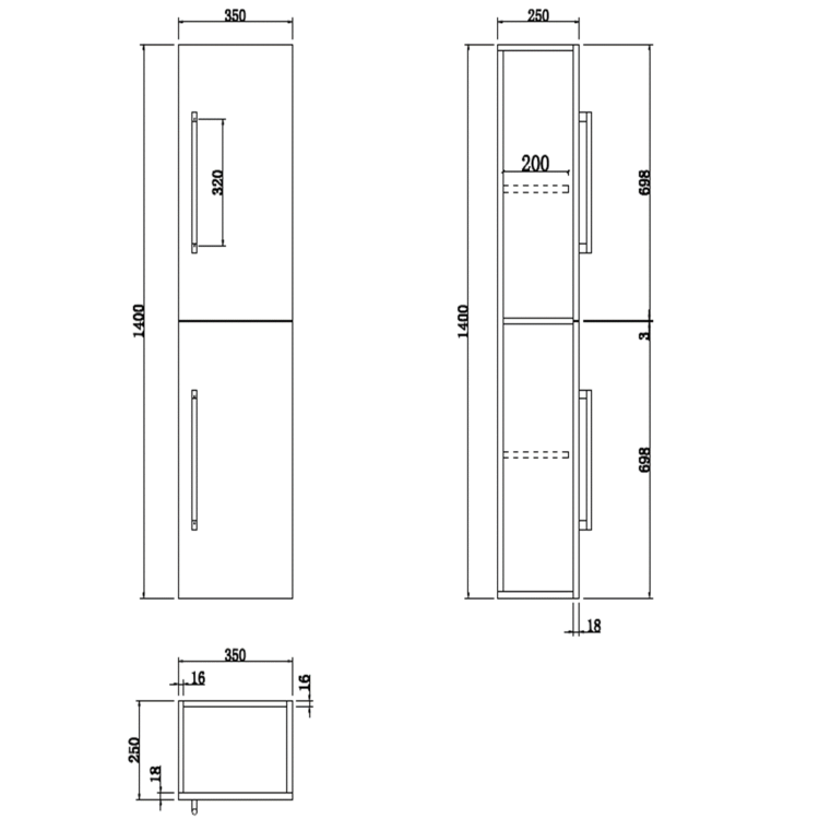 Double Door Grey Wall Hung Tall Bathroom Cabinet with Black Handles 350 x 1400mm - Ashford