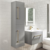 350mm Grey Wall Hung Tall Bathroom Cabinet with Brushed Brass Handles - Ashford