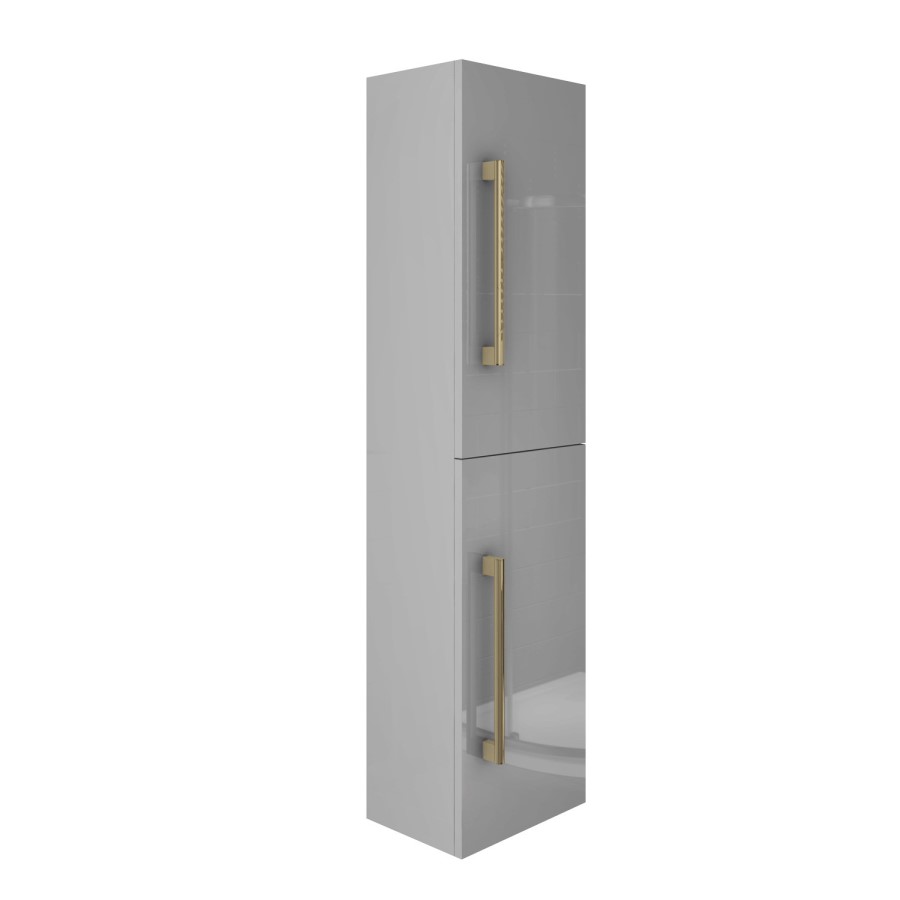 350mm Grey Wall Hung Tall Bathroom Cabinet with Brushed Brass Handles - Ashford