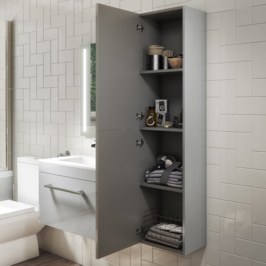 Grey Wall Mounted Tall Bathroom Cabinet 350mm - Ashford
