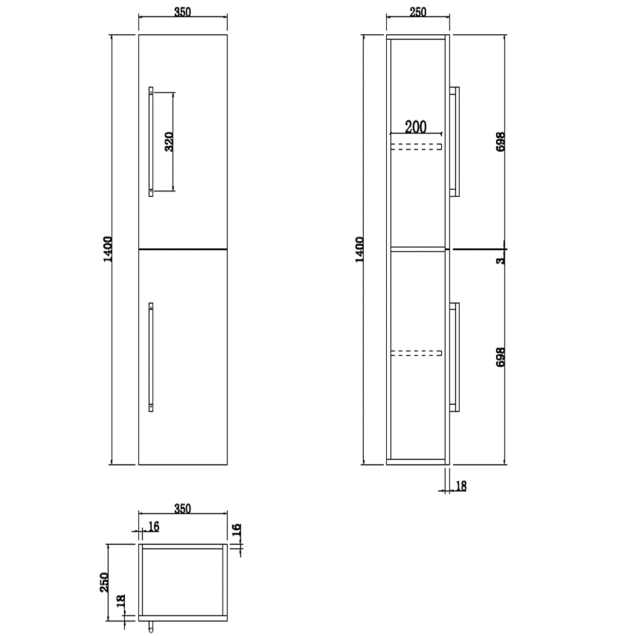 350mm Wood Effect  Wall Hung Tall Bathroom Cabinet with Brushed Brass Handles - Ashford