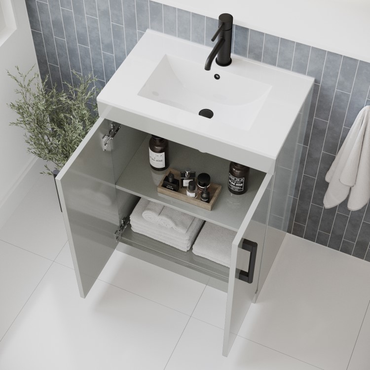 600 mm Grey Freestanding Vanity Unit with Basin and Black Handle - Ashford