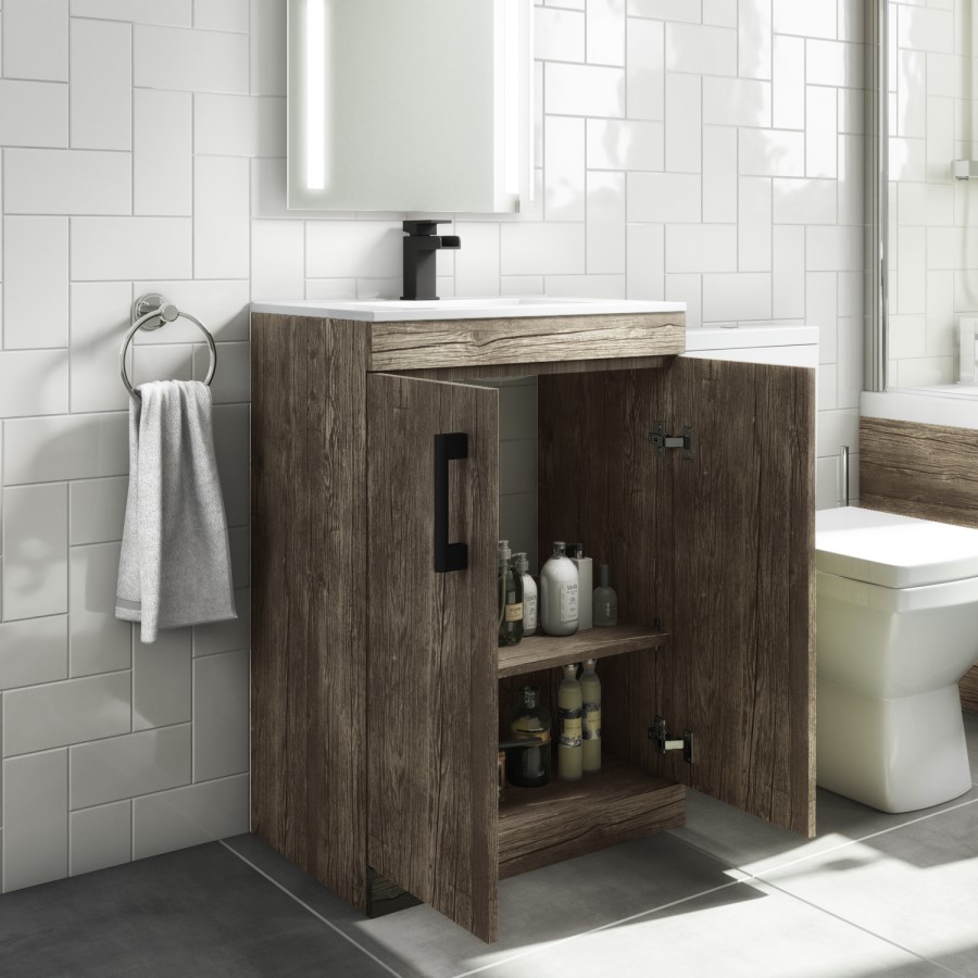 600mm Wood Effect Floorstanding Door Vanity Unit with Basin and Black Handle - Ashford
