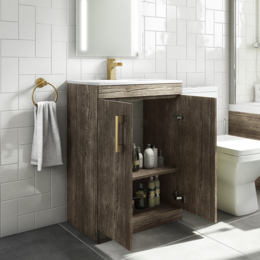 600mm Wood Effect Floorstanding Door Vanity Unit with Basin and Brushed Brass Handle - Ashford