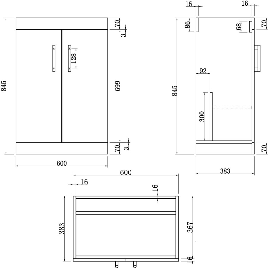 600mm Wood Effect Floorstanding Door Vanity Unit with Basin and Brushed Brass Handle - Ashford