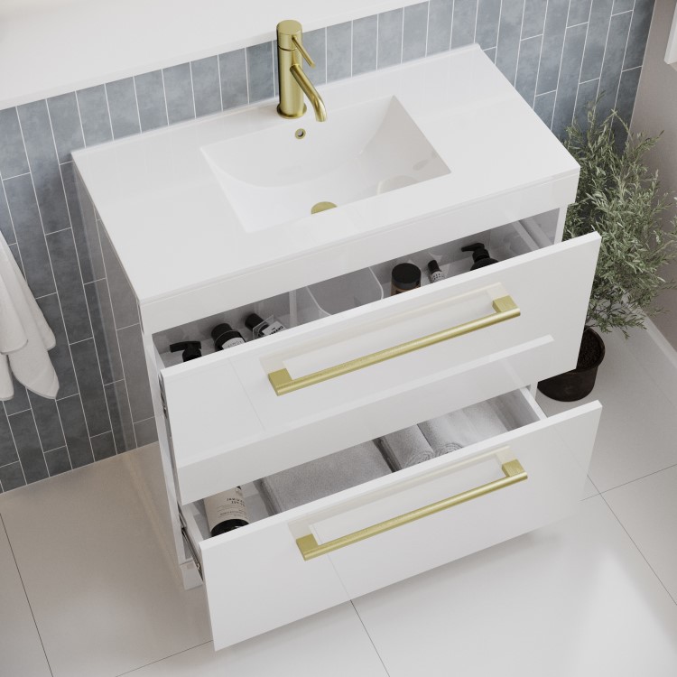 800mm White Freestanding Vanity Unit with Basin and Brass Handles - Ashford