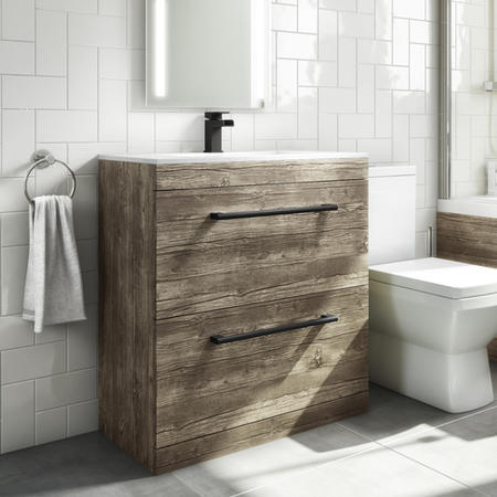 800mm Wood Effect Floor Standing Vanity Unit with Basin and Black Handles - Ashford