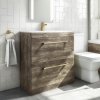 800mm Wood Effect Floor Standing Vanity Unit with Basin and Brushed Brass Handles - Ashford