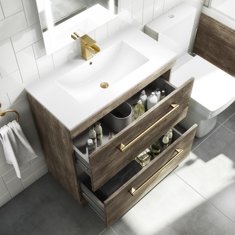 800mm Wood Effect Floor Standing Vanity Unit with Basin and Brushed Brass Handles - Ashford