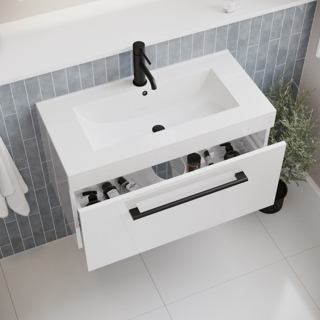 800mm White Wall Hung Vanity Unit with Basin and Black Handles - Ashford