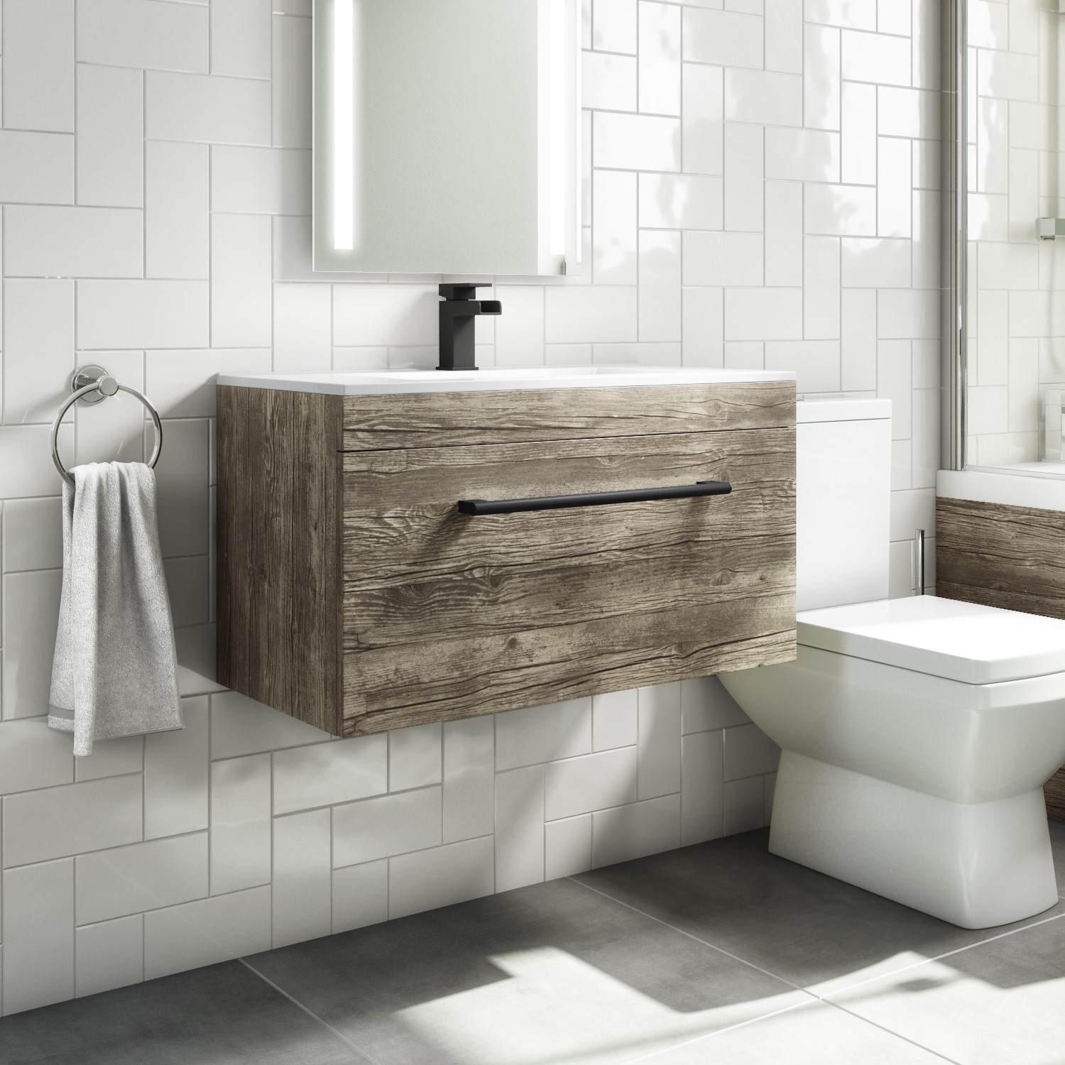 800mm Wood Effect Wall Hung Vanity Unit With Basin And Black Handles 800mm-wood-effect-wall-hung-vanity-unit-with-basin-and-black-handles