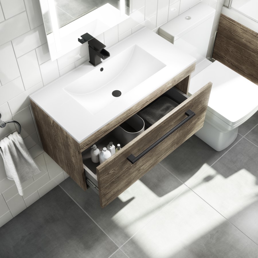 800mm Wood Effect Wall Hung Vanity Unit with Basin and Black Handles - Ashford