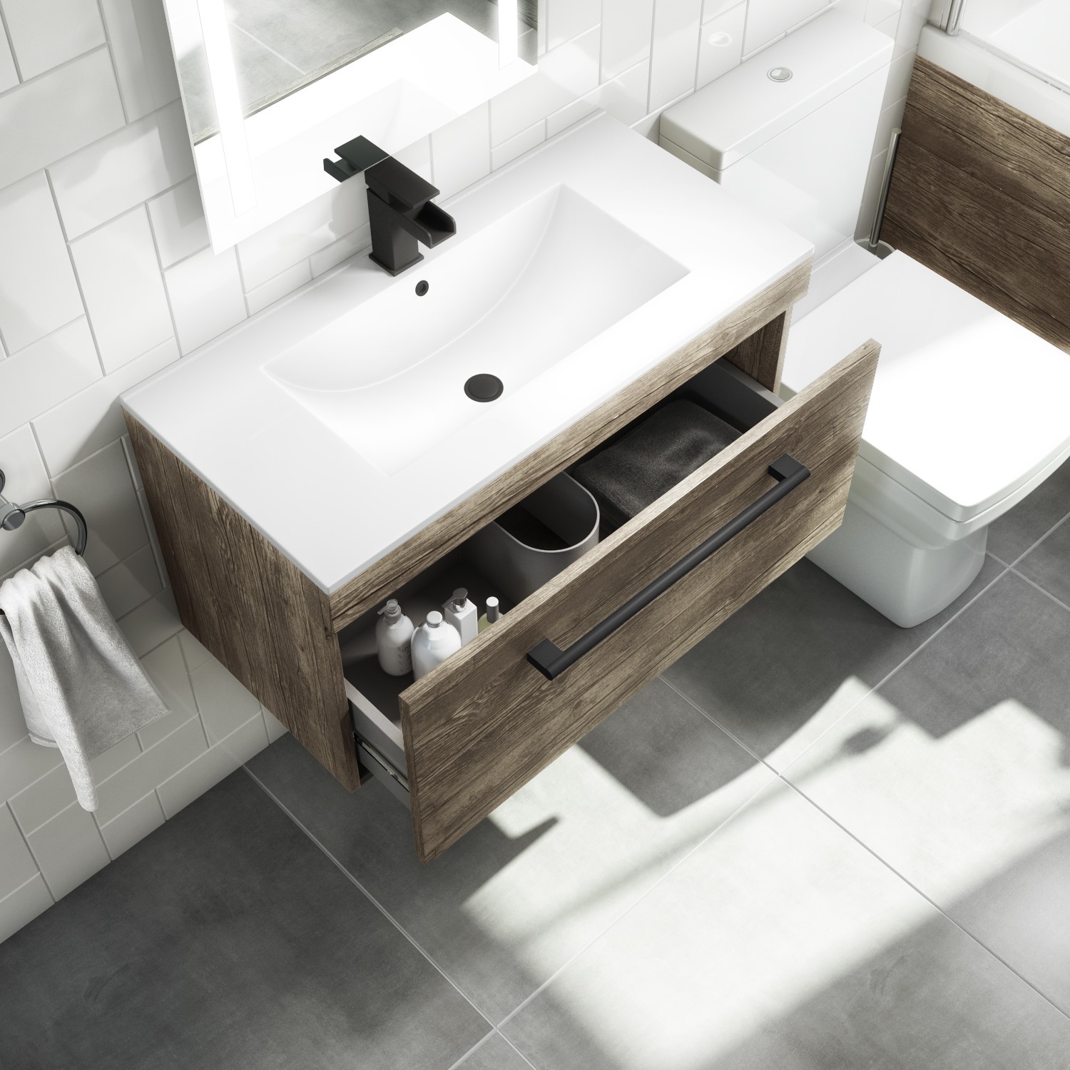800mm Wood Effect Wall Hung Vanity Unit With Basin And Black Handles 800mm-wood-effect-wall-hung-vanity-unit-with-basin-and-black-handles