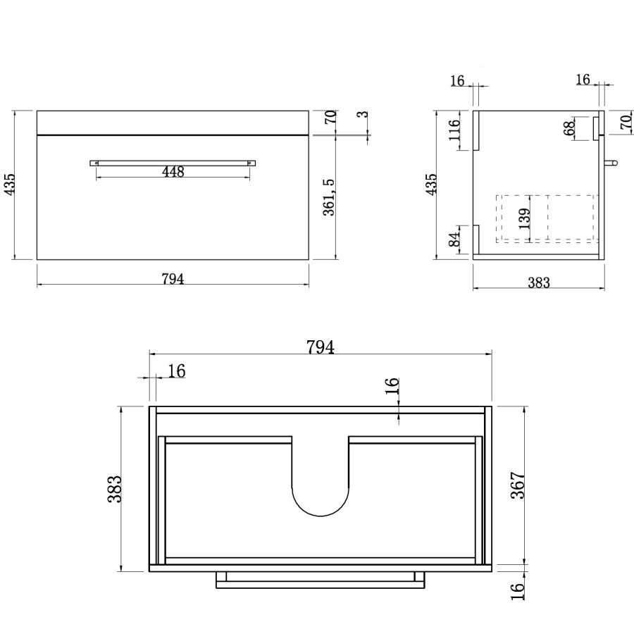800mm Wood Effect Wall Hung Vanity Unit with Basin and Black Handles - Ashford