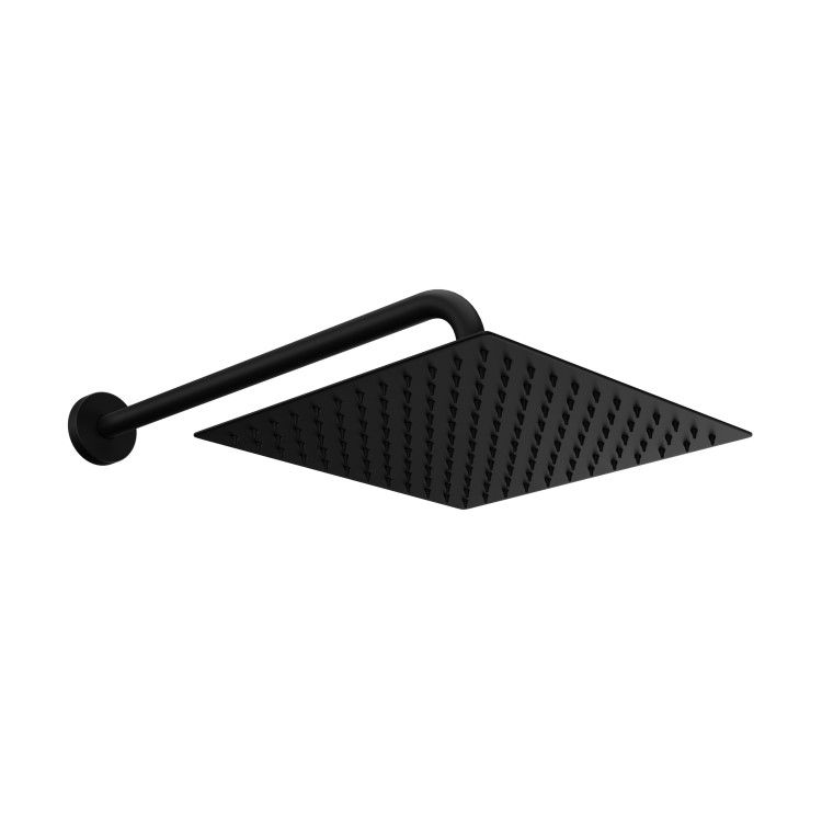 Black 250mm Slim Square Shower Head and Wall Arm - Zana