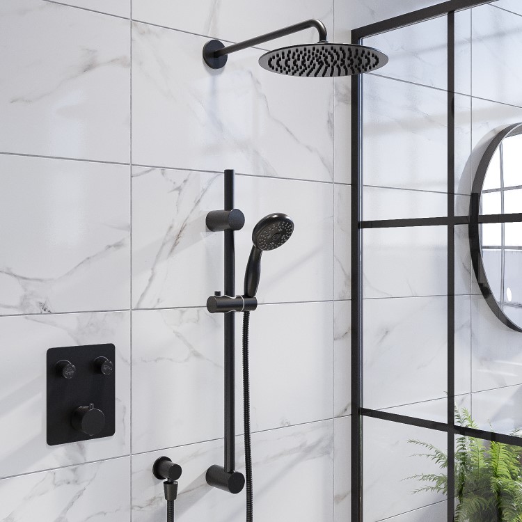 Grade A1 - Black Dual Outlet Wall Mounted Thermostatic Mixer Shower Set with Hand Shower - Vance