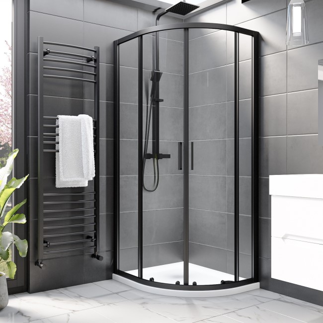 Black 8mm Glass Right Hand Offset Quadrant Shower Enclosure with Shower Tray 900x760mm - Pavo