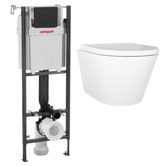 Wall Hung Toilet with Slim Soft Close Seat Frame Cistern and Black Flush - Newport