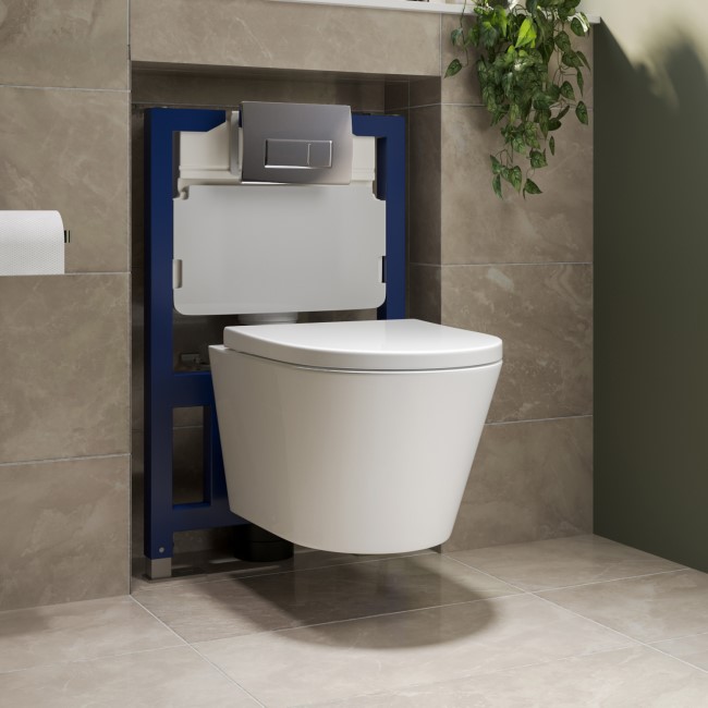 Wall Hung Toilet with Soft Close Seat Chrome Pneumatic Flush Plate 820mm Frame & Cistern - Newport