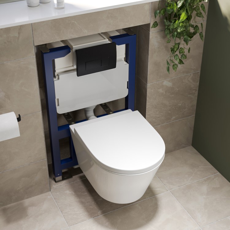 Wall Hung Toilet with Soft Close Seat Matt Black Pneumatic Flush Plate 820mm Frame & Cistern - Newport