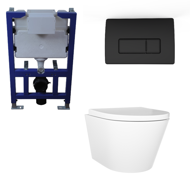 Wall Hung Toilet with Soft Close Seat Matt Black Pneumatic Flush Plate 820mm Frame & Cistern - Newport